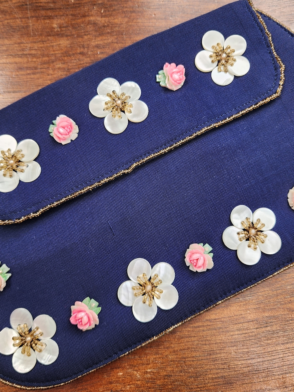 Vintage Vibe Navy Clutch Mother of Pearl Pink Rose Flap Evening Bag